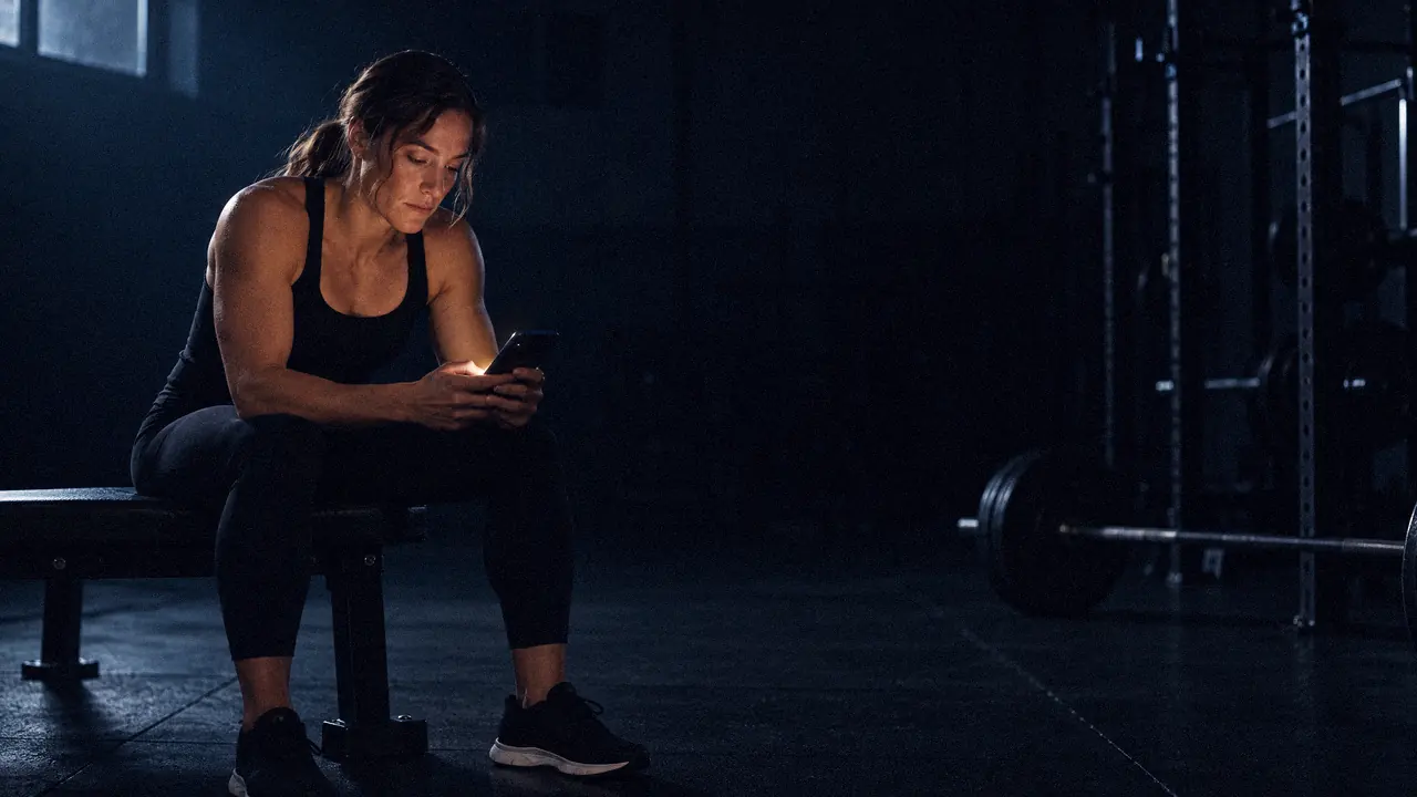 A woman sits on a flat bench between sets, reading her phone, its screen lighting her face.
