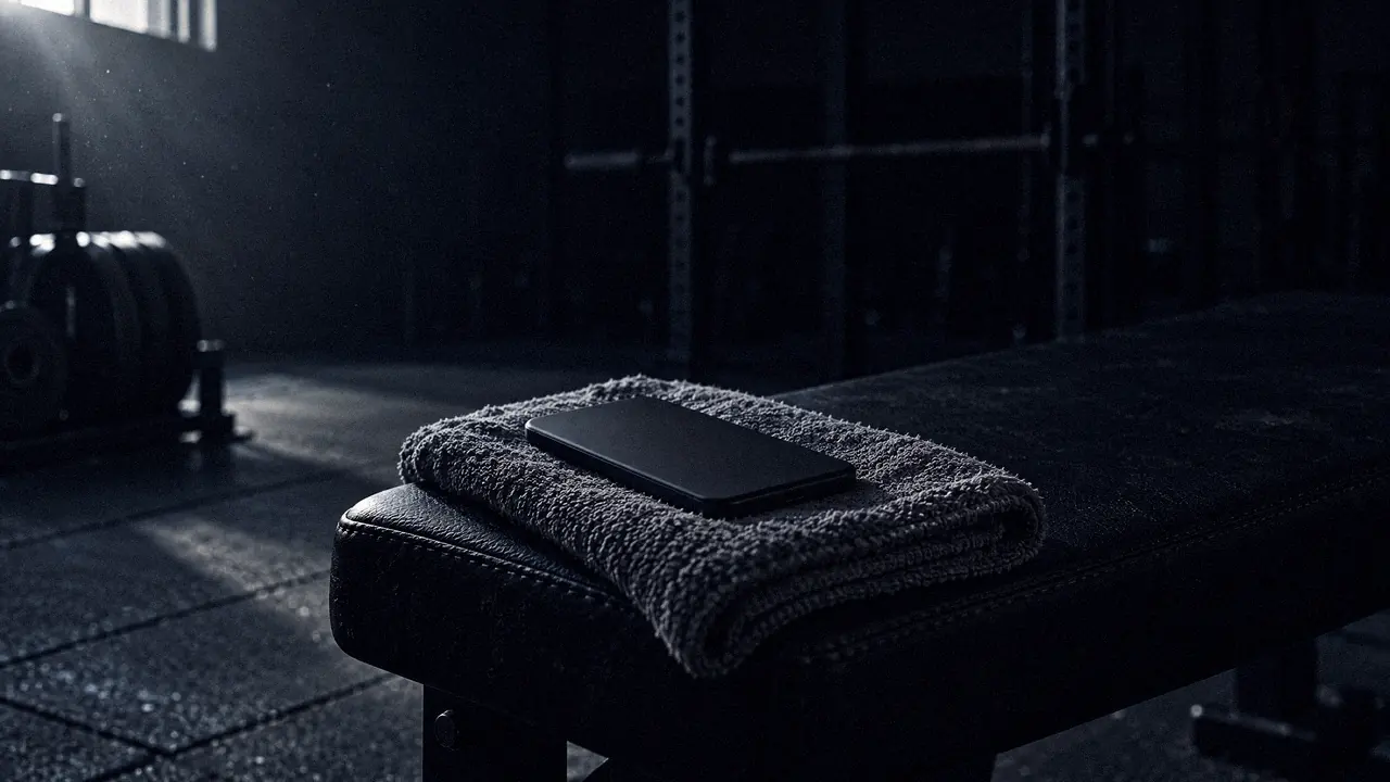 A phone lies face-down on a folded towel at the end of a gym bench, in a shaft of window light.