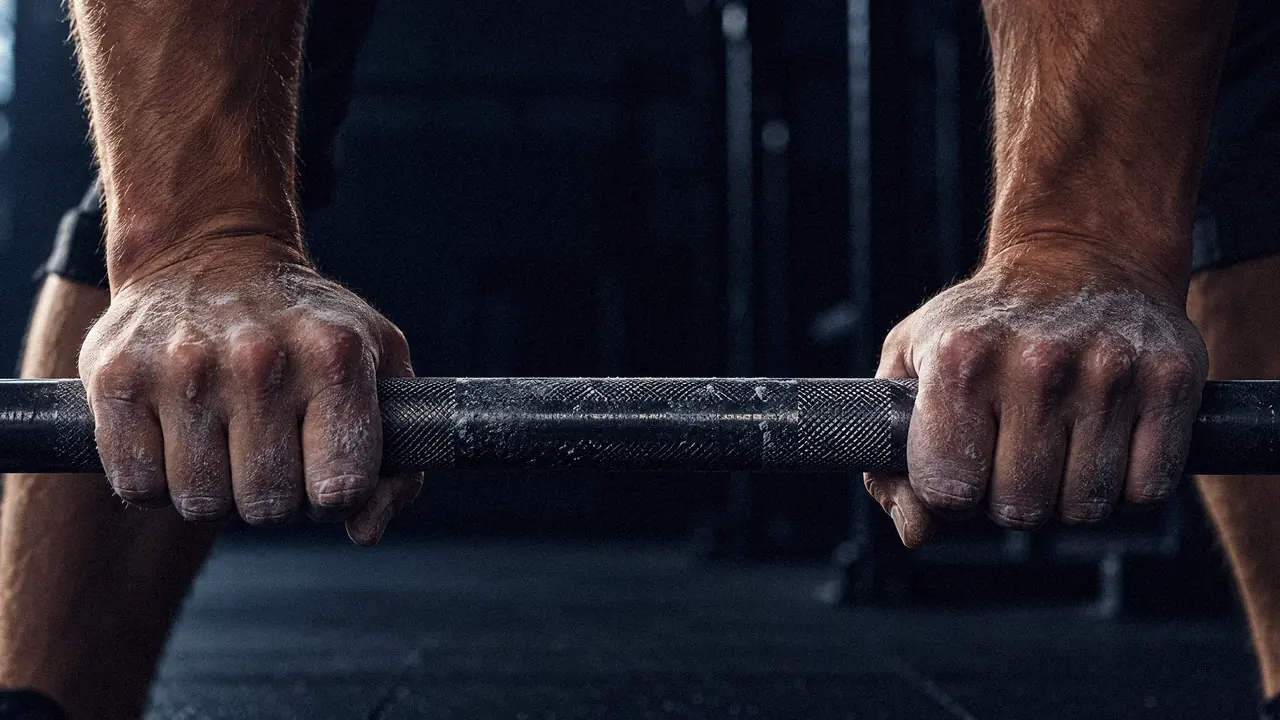 Two chalk-dusted hands gripping a knurled barbell, the gym dark behind them.